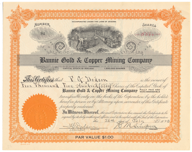 Bannie Gold & Copper Mining Company Stock Certificate