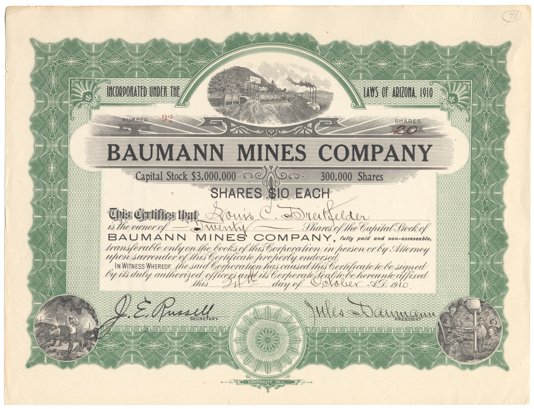 Baumann Mines Company Stock Certificate Signed by Jules Baumann