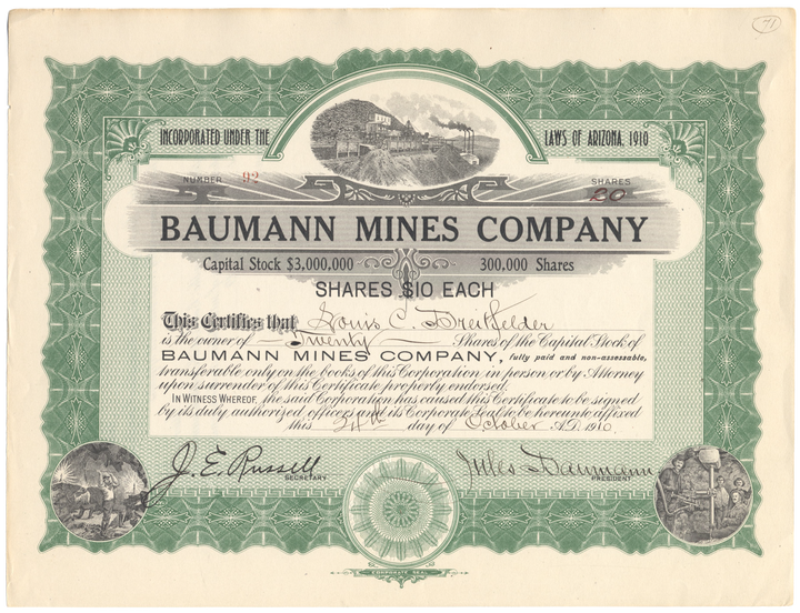 Baumann Mines Company Stock Certificate Signed by Jules Baumann