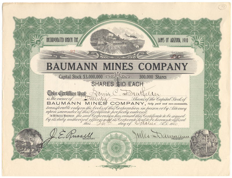 Baumann Mines Company Stock Certificate Signed by Jules Baumann