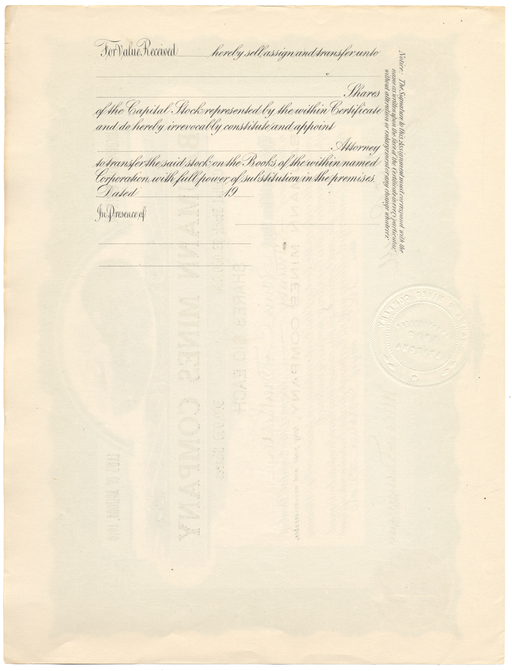 Baumann Mines Company Stock Certificate Signed by Jules Baumann