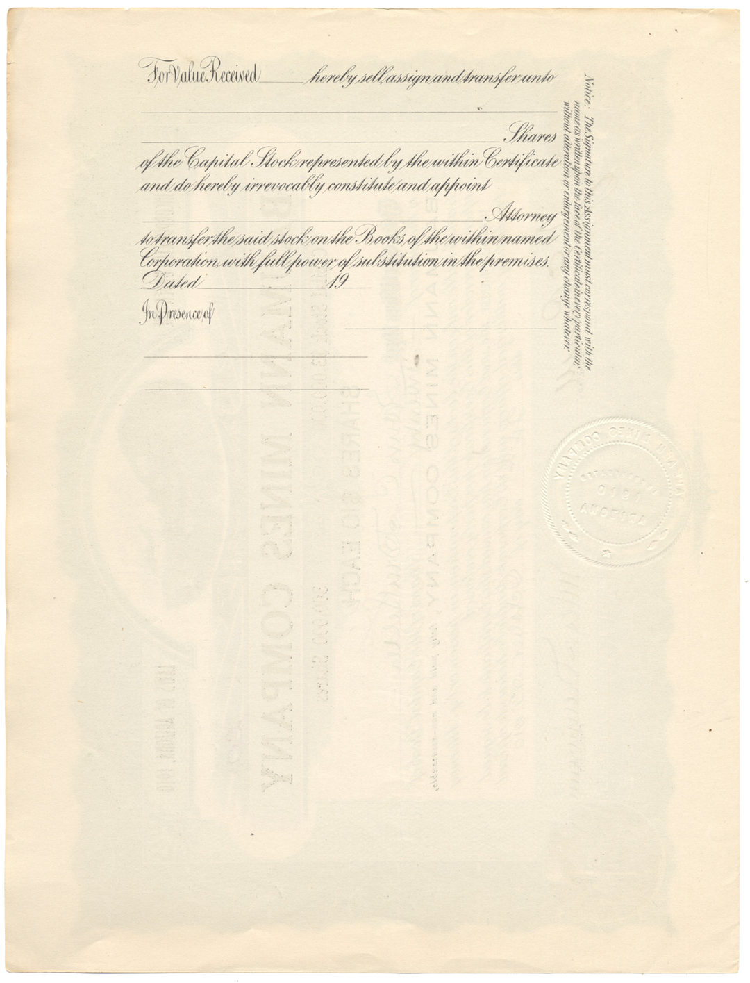 Baumann Mines Company Stock Certificate Signed by Jules Baumann