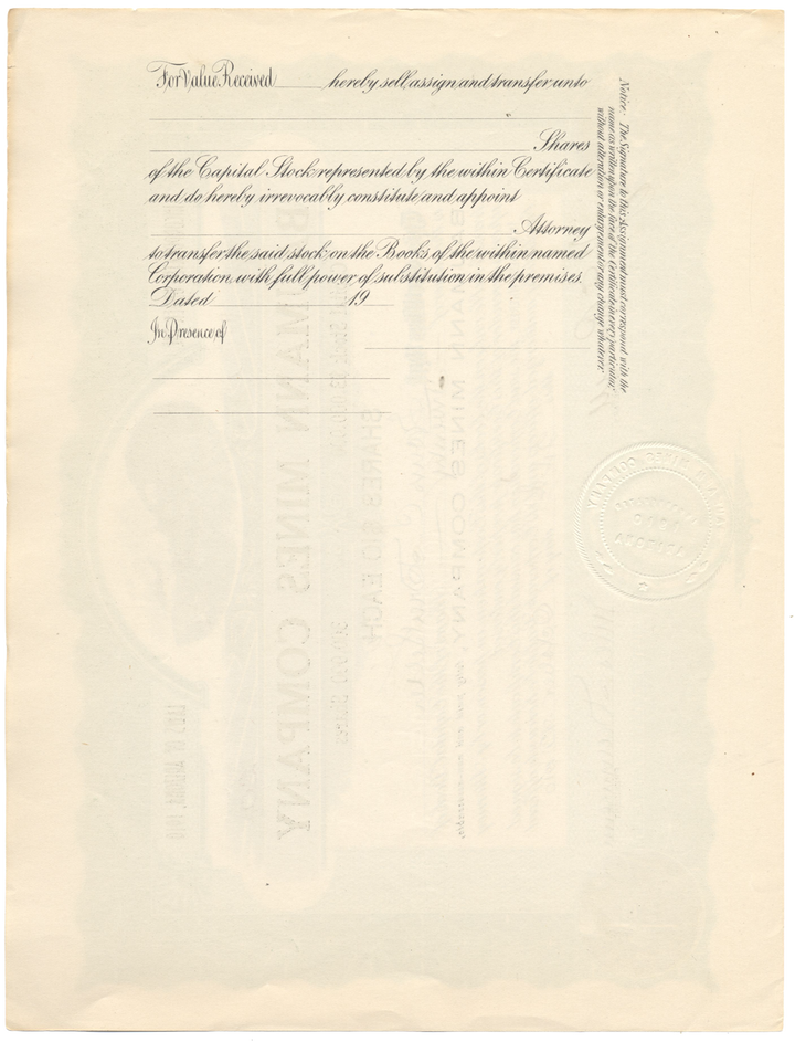 Baumann Mines Company Stock Certificate Signed by Jules Baumann