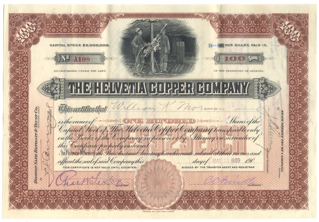 Helvetia Copper Company Stock Certificate