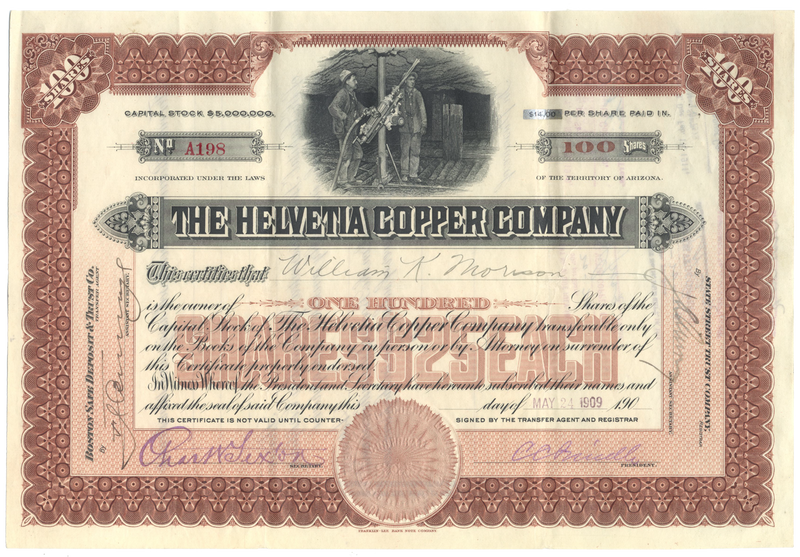 Helvetia Copper Company Stock Certificate