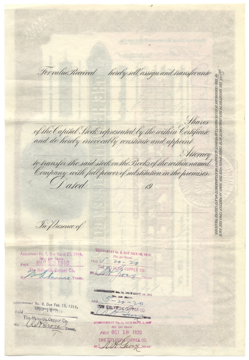 Helvetia Copper Company Stock Certificate