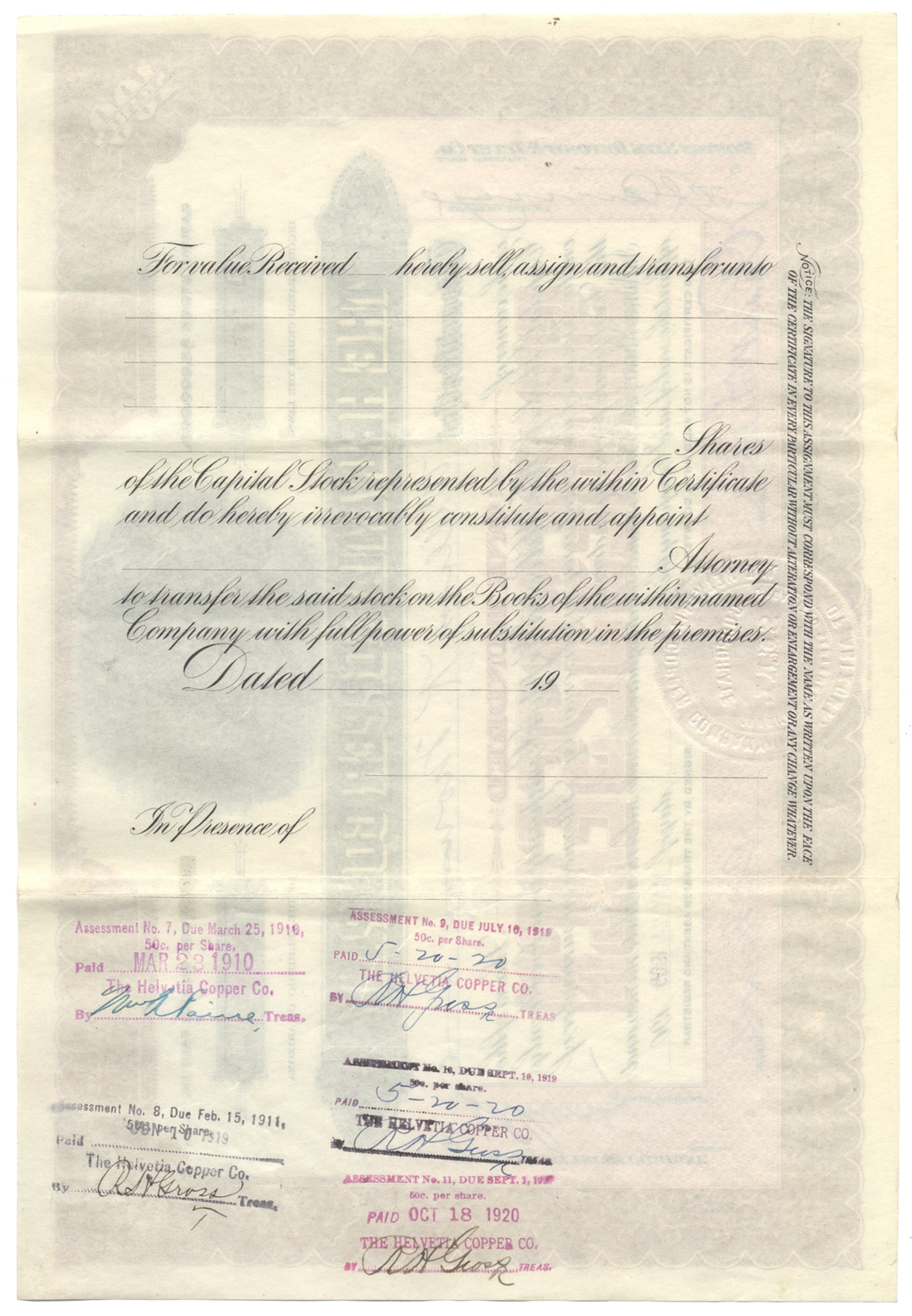 Helvetia Copper Company Stock Certificate