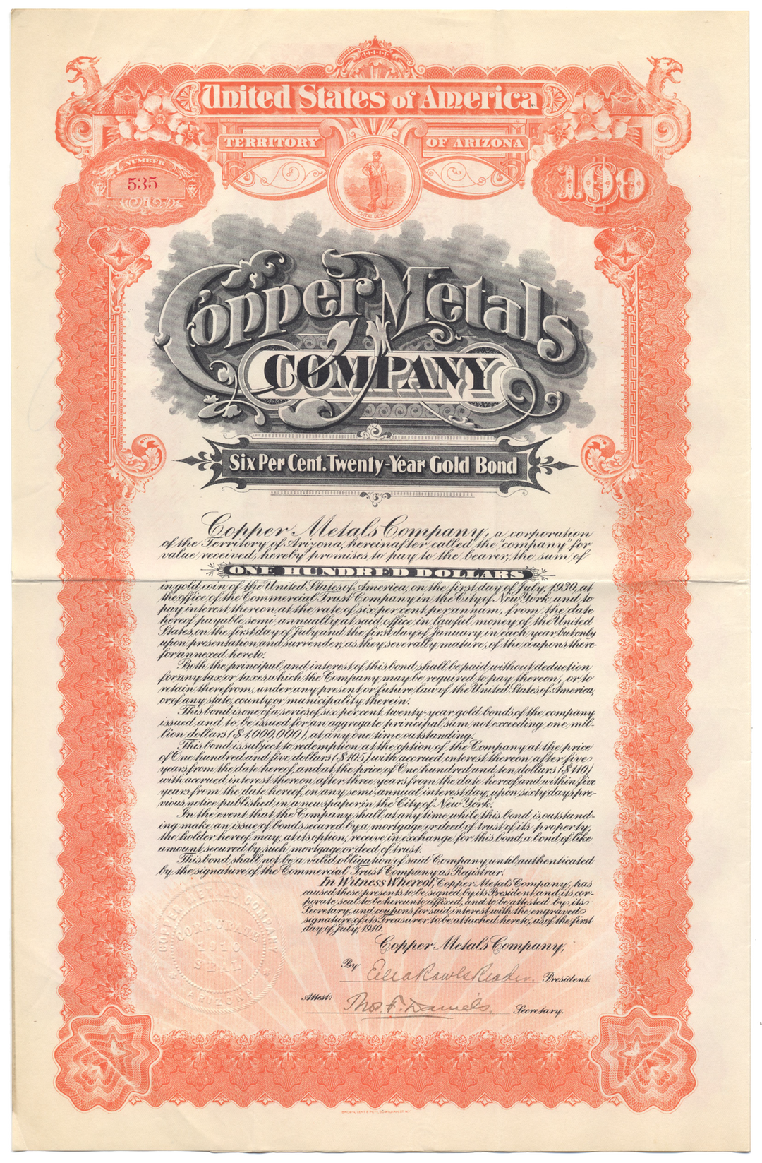 Copper Metals Company Bond Certificate