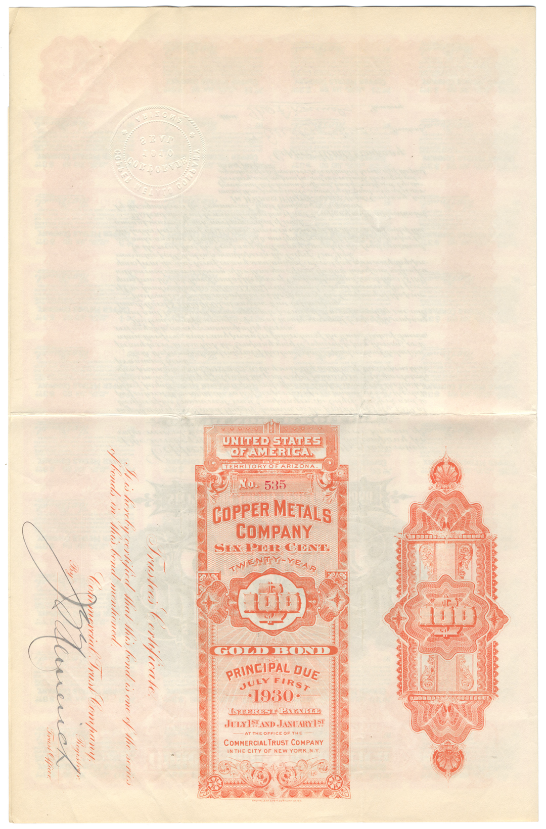 Copper Metals Company Bond Certificate