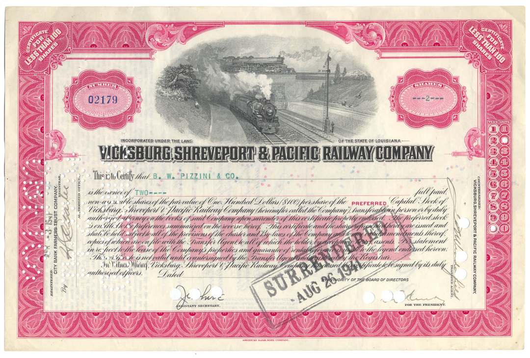 Vicksburg, Shreveport & Pacific Railway Company Stock Certificate