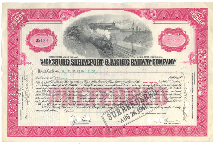 Vicksburg, Shreveport & Pacific Railway Company Stock Certificate