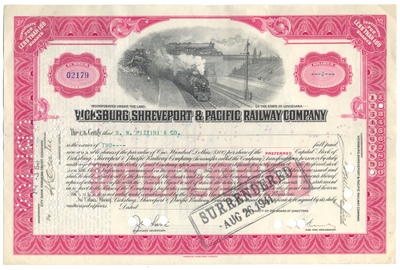 Vicksburg, Shreveport & Pacific Railway Company Stock Certificate