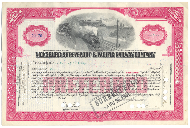 Vicksburg, Shreveport & Pacific Railway Company Stock Certificate