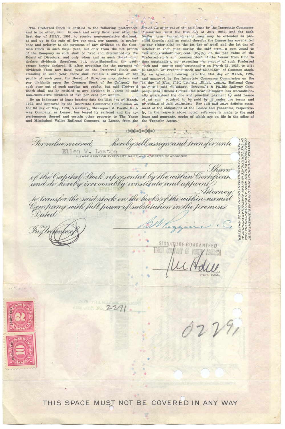 Vicksburg, Shreveport & Pacific Railway Company Stock Certificate