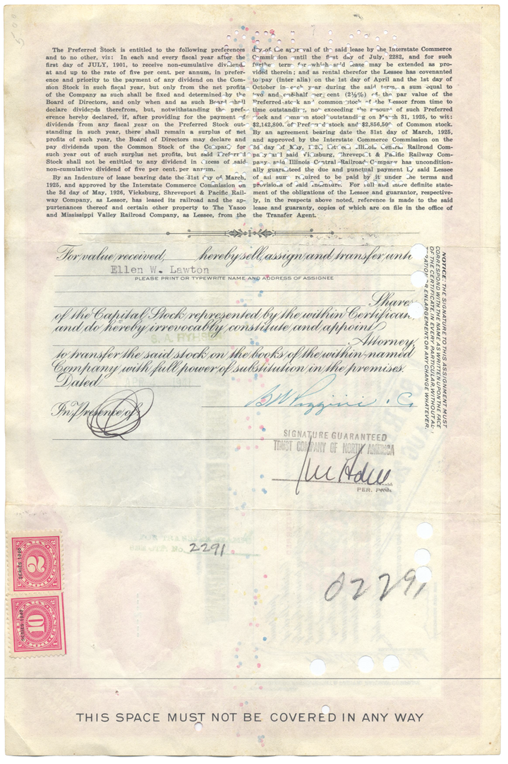 Vicksburg, Shreveport & Pacific Railway Company Stock Certificate