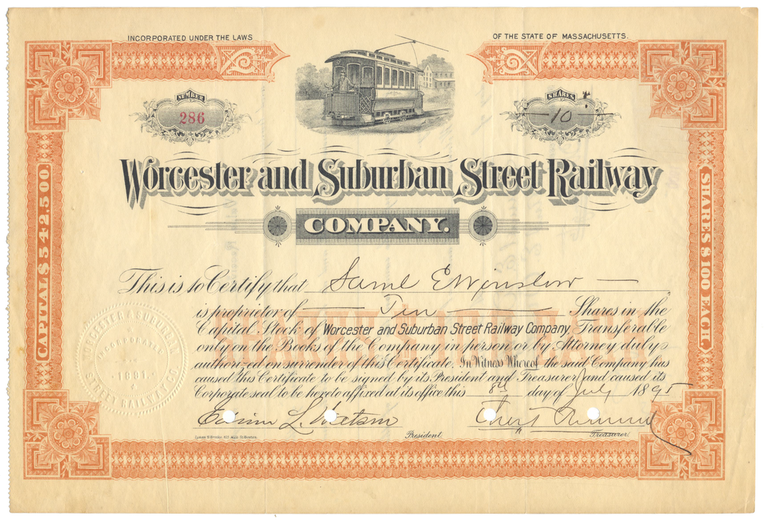 Worcester and Suburban Street Railway Company Stock Certificate