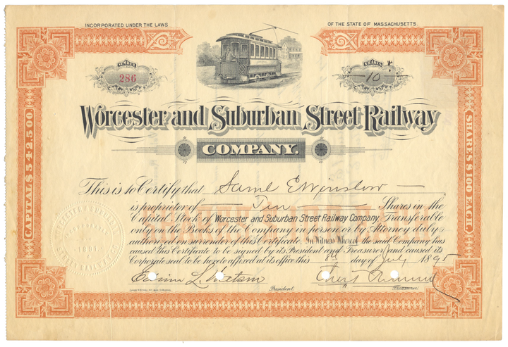 Worcester and Suburban Street Railway Company Stock Certificate