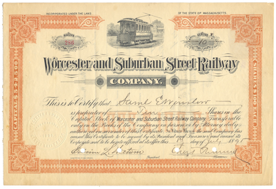Worcester and Suburban Street Railway Company Stock Certificate