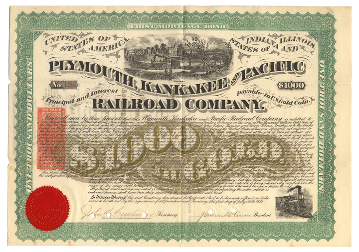 Plymouth, Kankakee and Pacific Railroad Company Gold Bond Signed by John Edgar Thomson