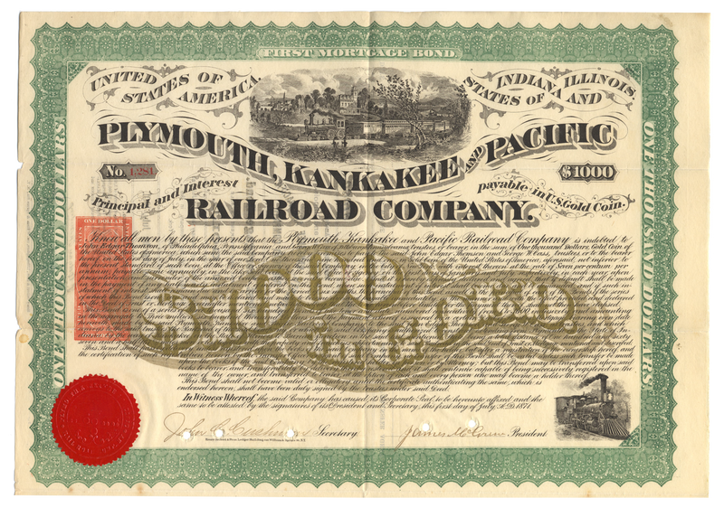 Plymouth, Kankakee and Pacific Railroad Company Gold Bond Signed by John Edgar Thomson