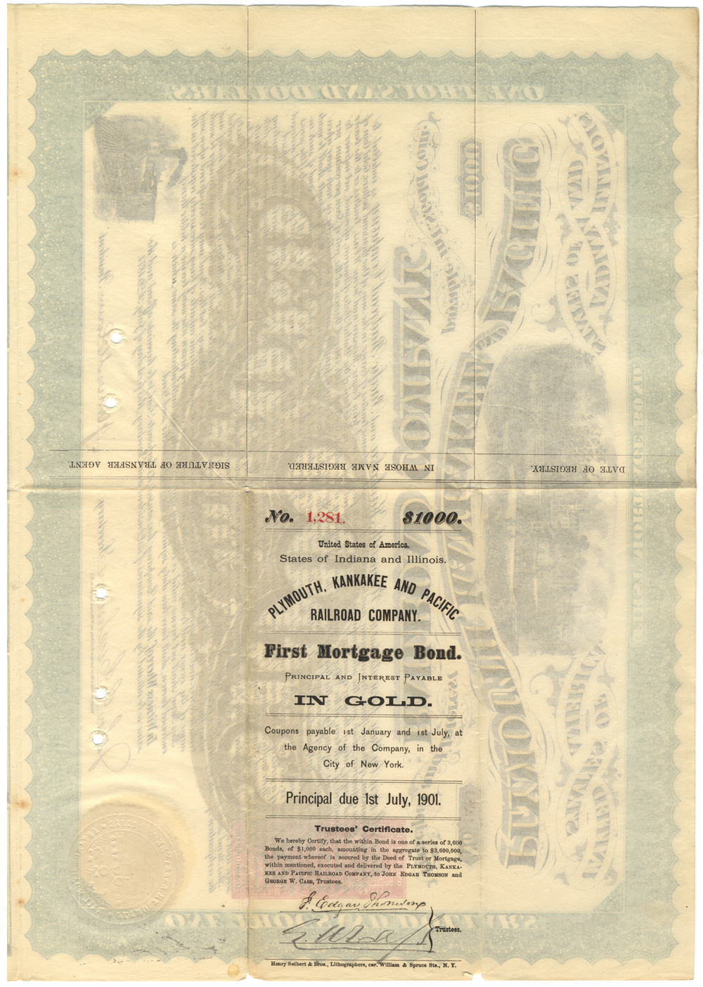 Plymouth, Kankakee and Pacific Railroad Company Gold Bond Signed by John Edgar Thomson