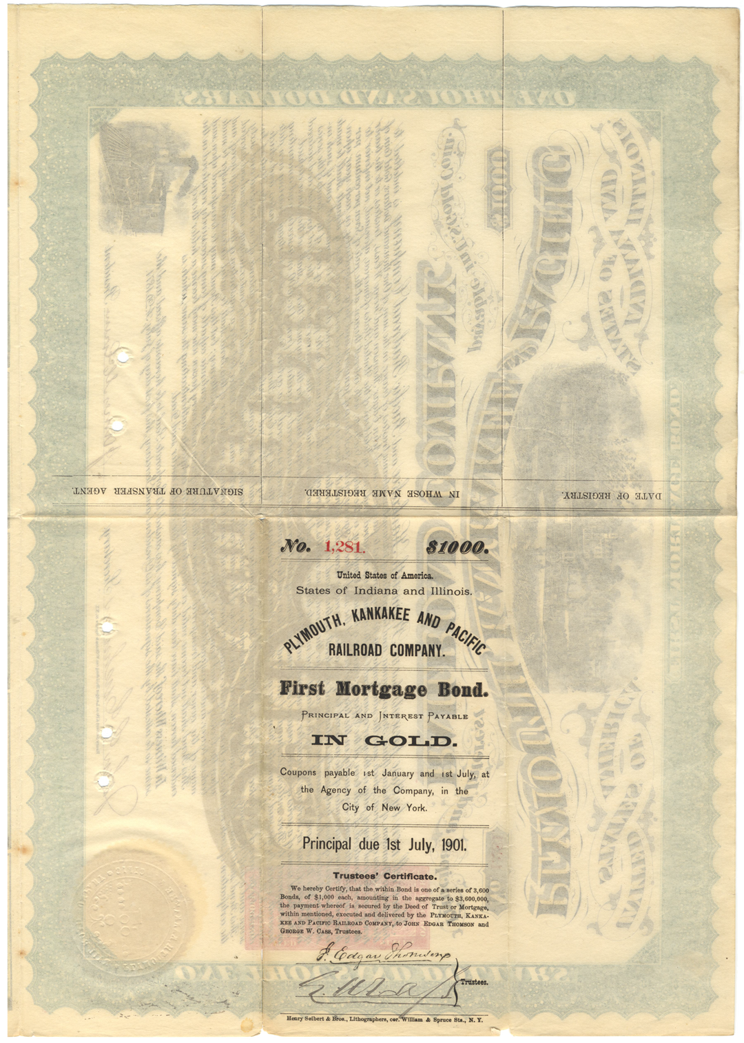 Plymouth, Kankakee and Pacific Railroad Company Gold Bond Signed by John Edgar Thomson