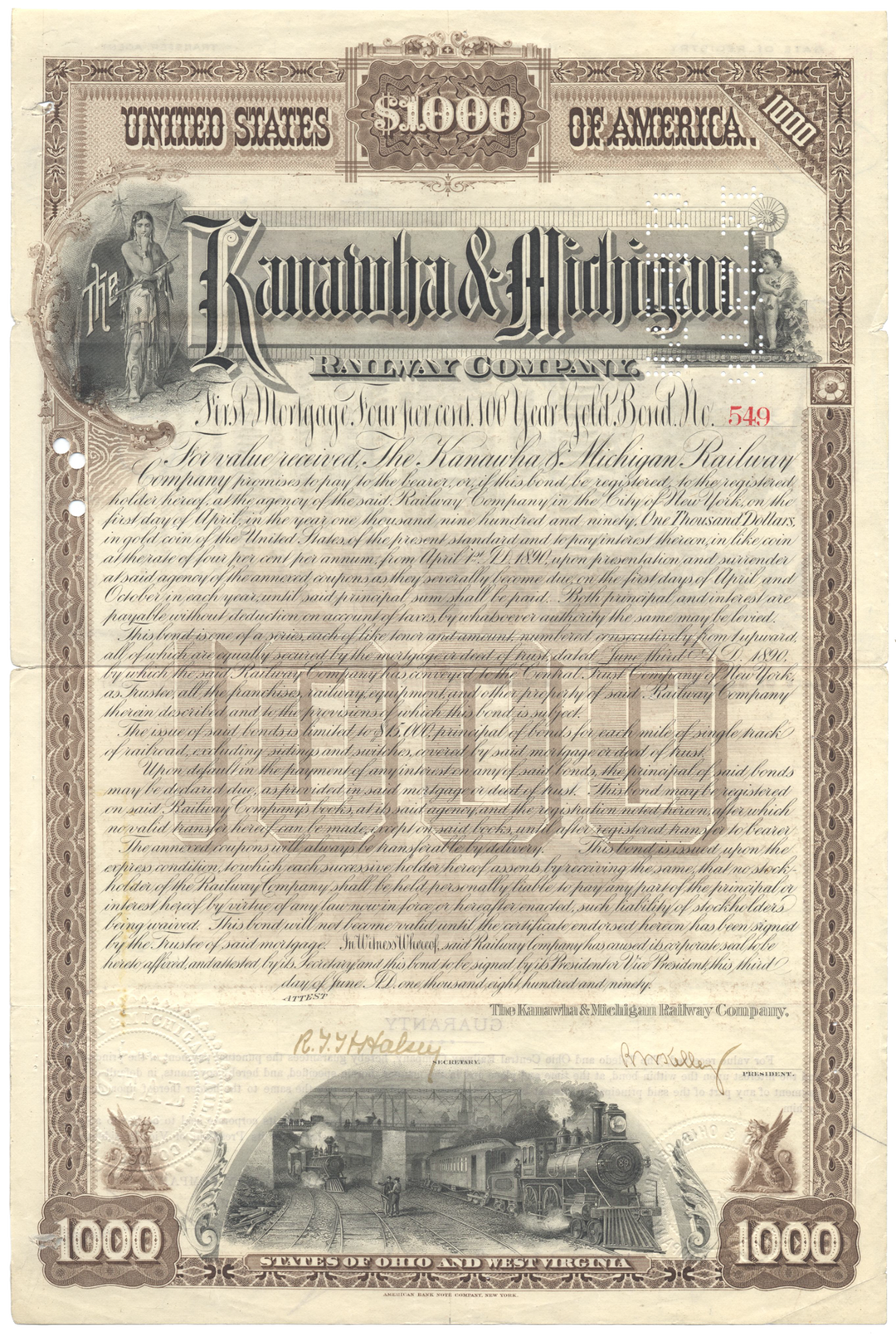 Kanawha & Michigan Railway Company Bond Certificate