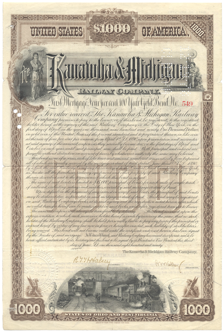 Kanawha & Michigan Railway Company Bond Certificate