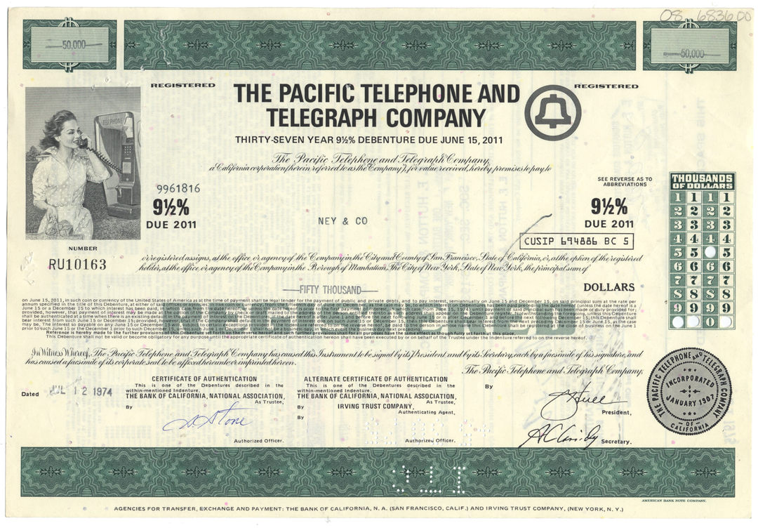 Pacific Telephone and Telegraph Company Bond Certificate