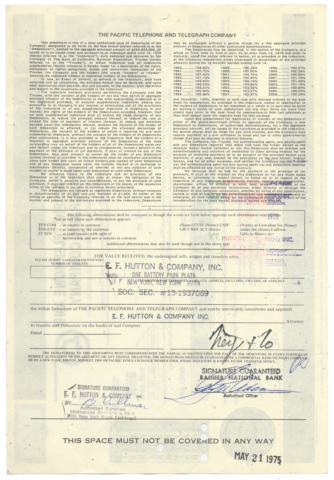 Pacific Telephone and Telegraph Company Bond Certificate