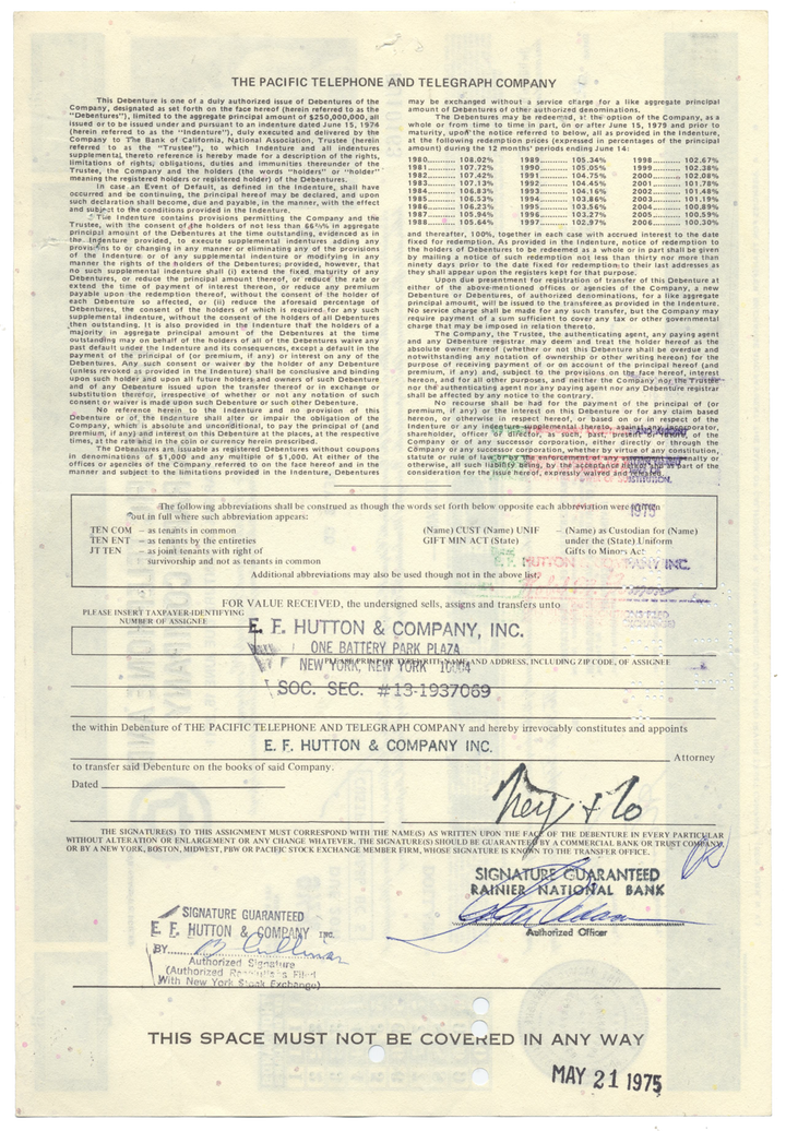 Pacific Telephone and Telegraph Company Bond Certificate