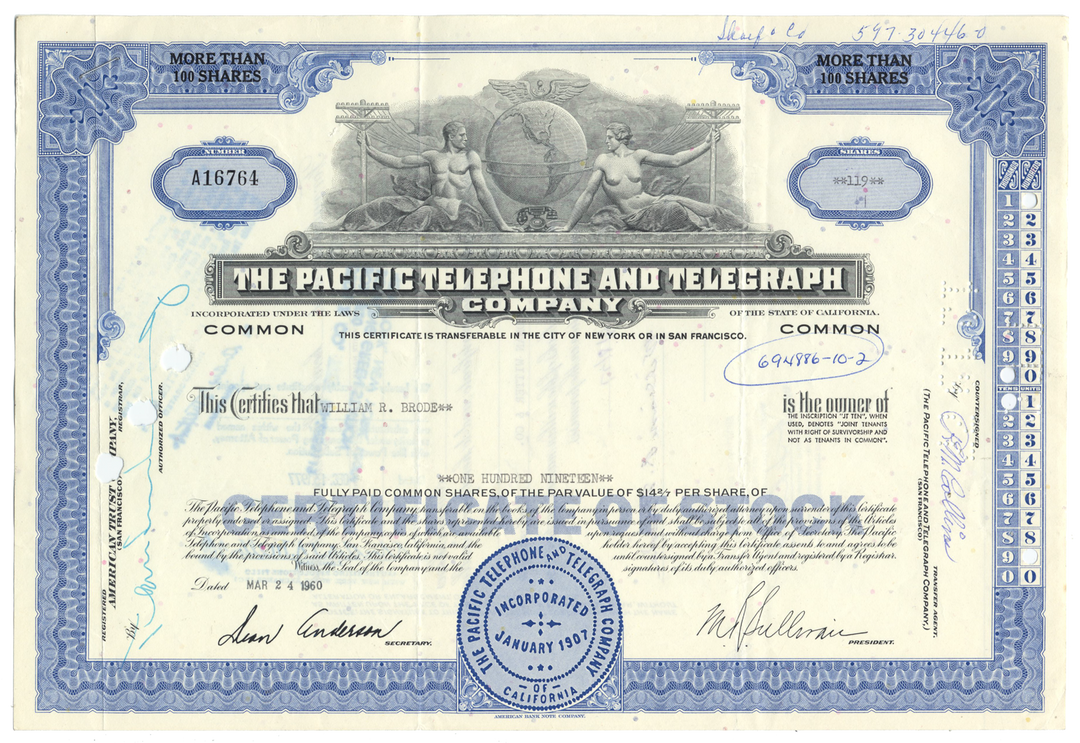 Pacific Telephone and Telegraph Company Stock Certificate