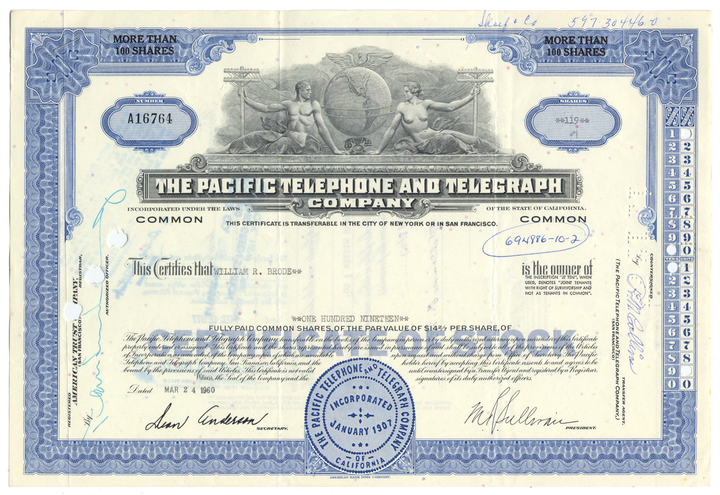 Pacific Telephone and Telegraph Company Stock Certificate