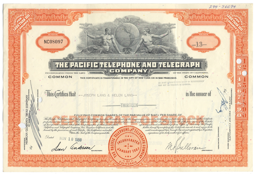 Pacific Telephone and Telegraph Company Stock Certificate