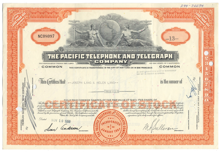 Pacific Telephone and Telegraph Company Stock Certificate