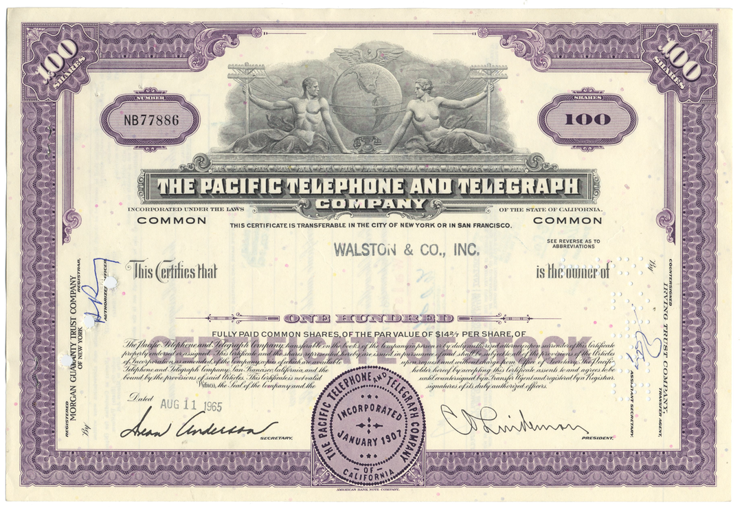 Pacific Telephone and Telegraph Company Stock Certificate