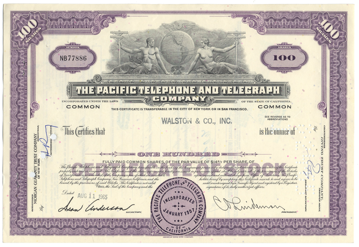 Pacific Telephone and Telegraph Company Stock Certificate