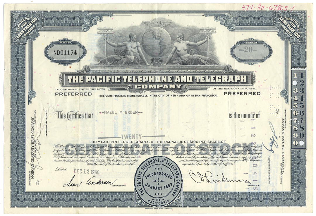 Pacific Telephone and Telegraph Company Stock Certificate