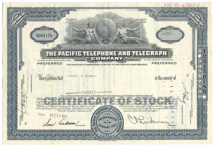 Pacific Telephone and Telegraph Company Stock Certificate