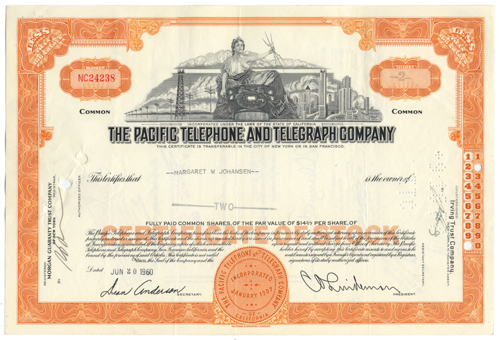 Pacific Telephone and Telegraph Company Stock Certificate