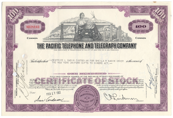 Pacific Telephone and Telegraph Company Stock Certificate