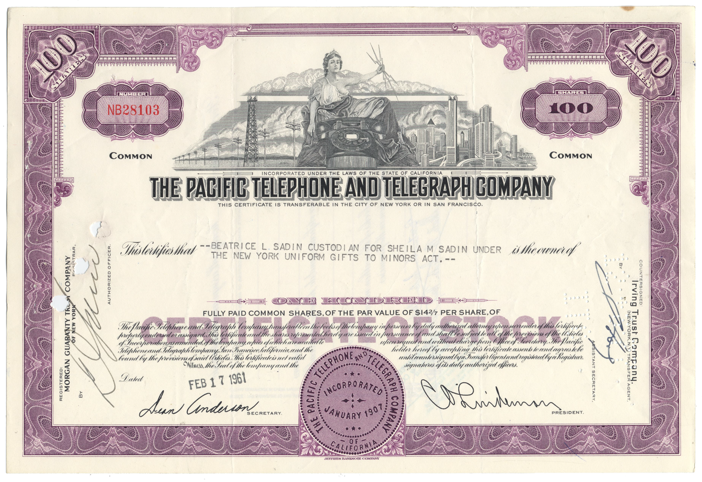 Pacific Telephone and Telegraph Company Stock Certificate