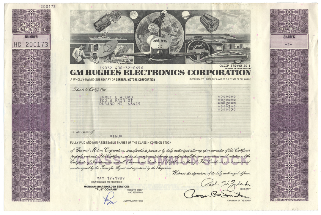 GM Hughes Electronics Corporation Stock Certificate