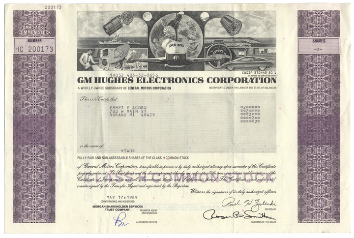 GM Hughes Electronics Corporation Stock Certificate