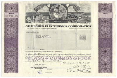 GM Hughes Electronics Corporation Stock Certificate