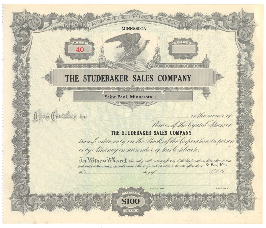 Studebaker Sales Company Stock Certificate