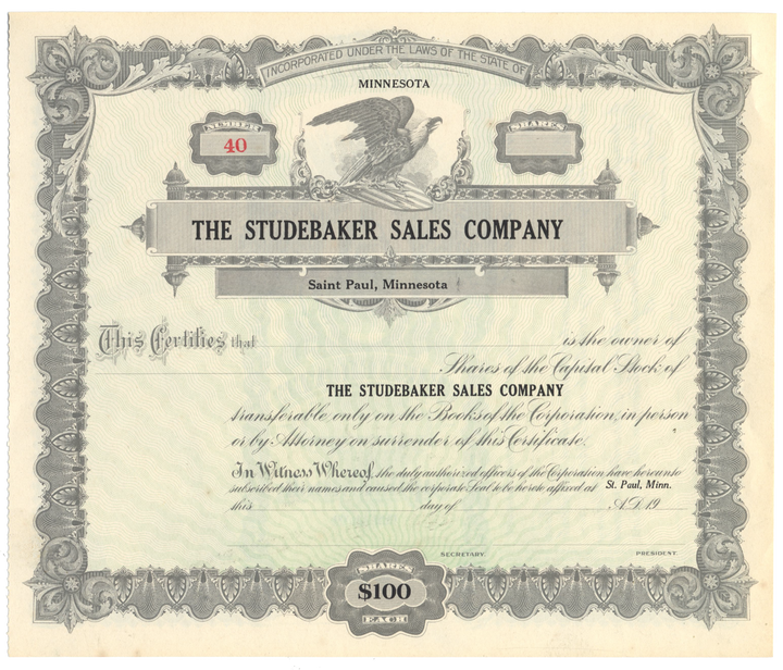 Studebaker Sales Company Stock Certificate