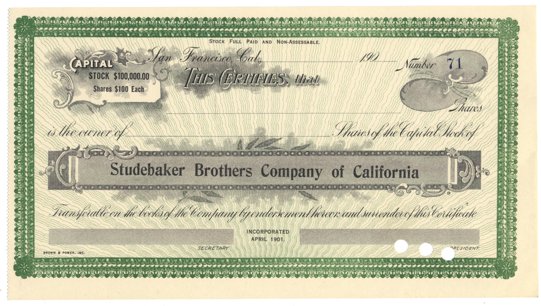 Studebaker Brothers Company of California Stock Certificate