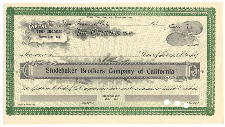 Studebaker Brothers Company of California Stock Certificate