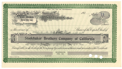 Studebaker Brothers Company of California Stock Certificate